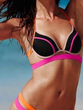 Victoria's Secret Banded Hottie Halter Bikini Top Push-Up Neon Pink Orange Black